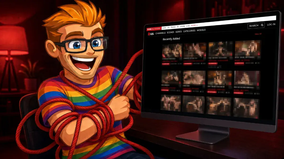 Gay kink porn mascot tangled in red bondage rope next to a Kink Men screen