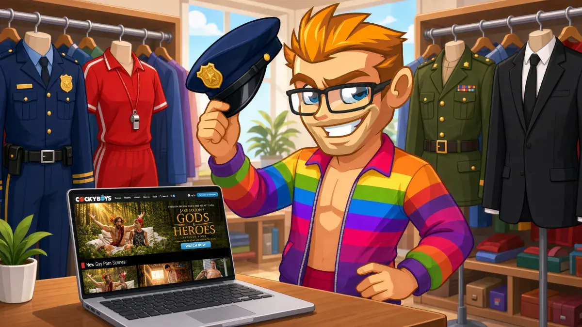 Mascot holding a police cap among uniforms with the CockyBoys site on a laptop