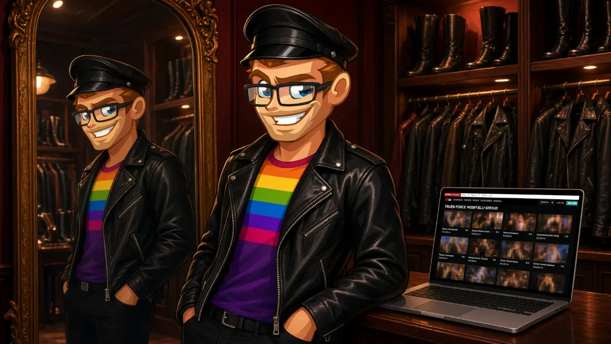 Mascot in a leather jacket and cap in a leather boutique for Fetish Force gay leather porn