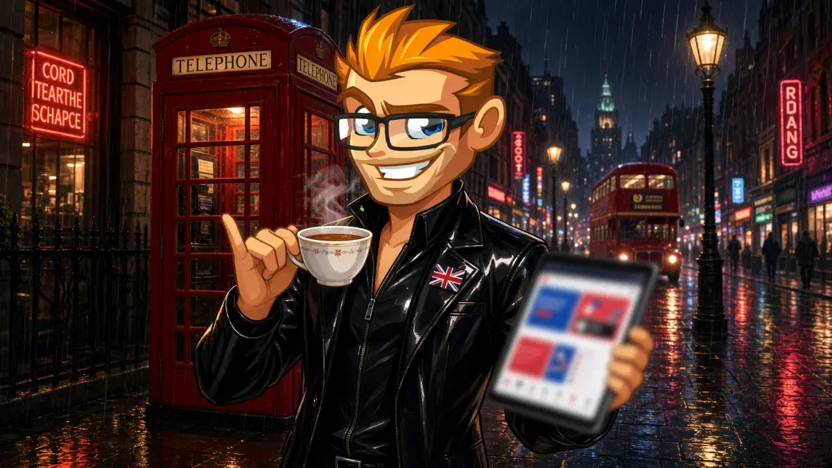 Mascot in a rubber jacket drinking tea in rainy London for Hard Brit Lads