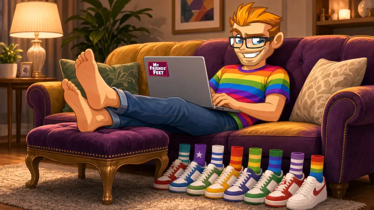 Barefoot mascot on a sofa with a My Friends Feet laptop and rows of sneakers