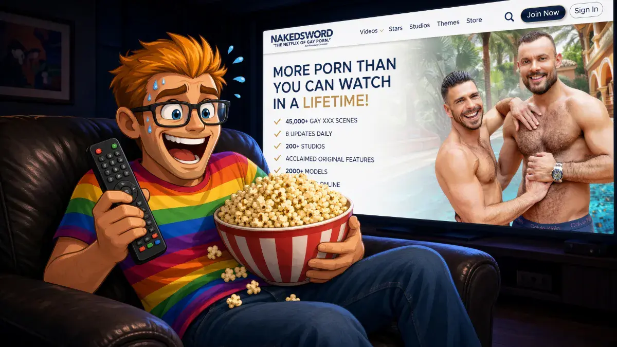 Excited mascot with popcorn in front of the NakedSword site on a big screen