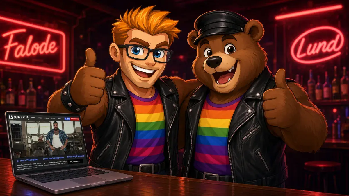 Mascot and a bear in leather vests with the Raging Stallion site on a laptop