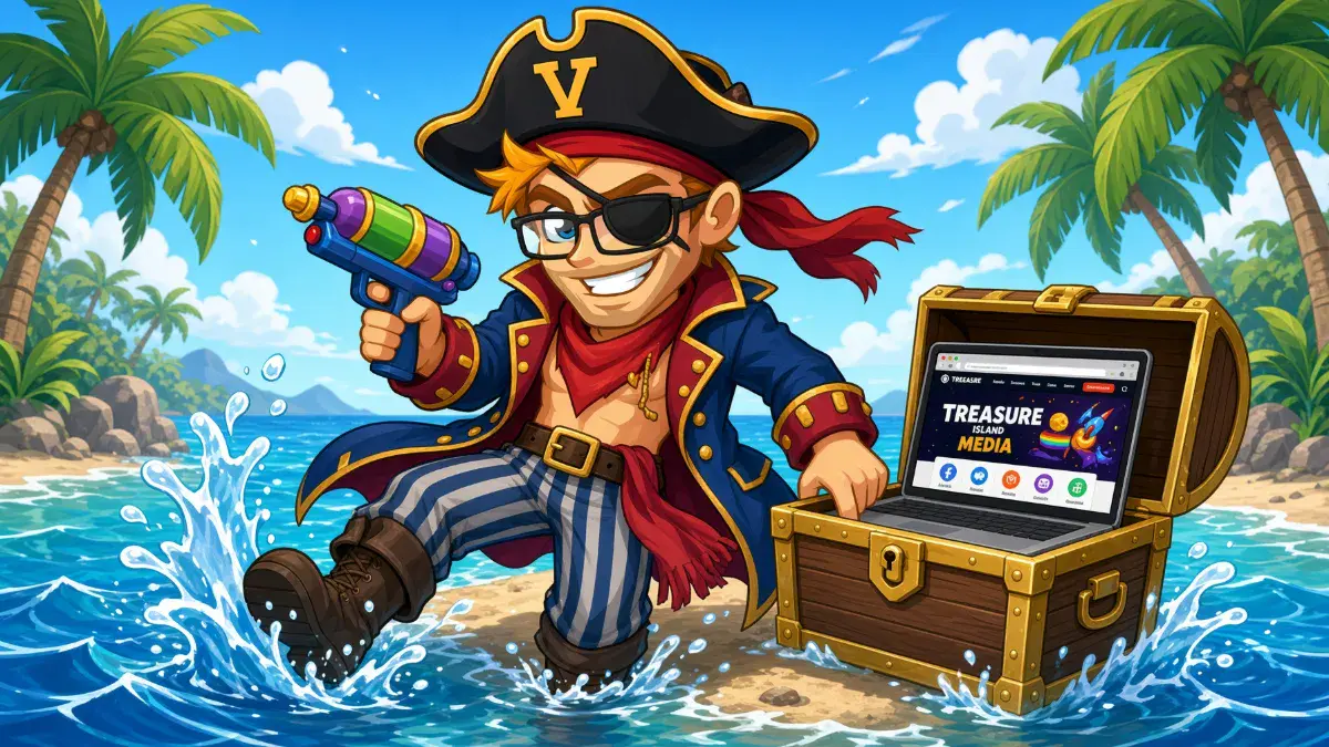 Pirate mascot with a water gun and the Treasure Island Media site in a treasure chest