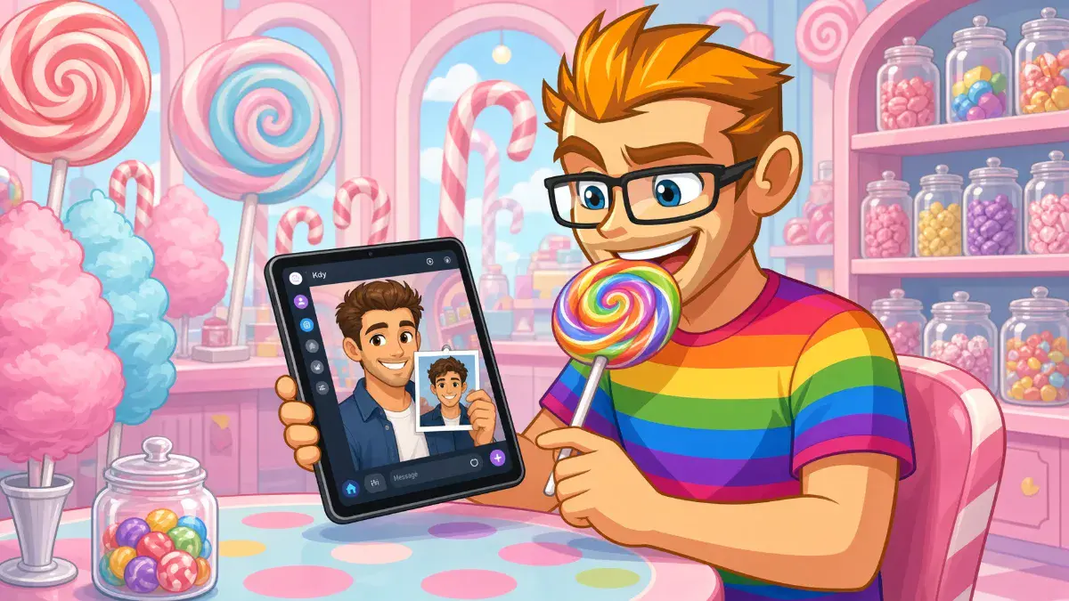 MyGaySites mascot in a candy shop chatting with an AI boyfriend for Candy.AI