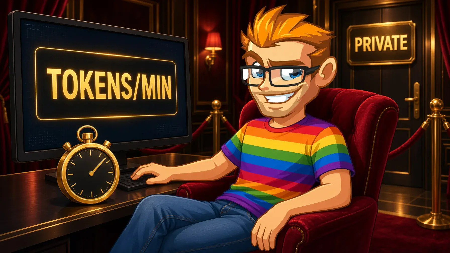 Chaturbate gay private shows, spy shows and ticket shows illustrated by the MyGaySites mascot