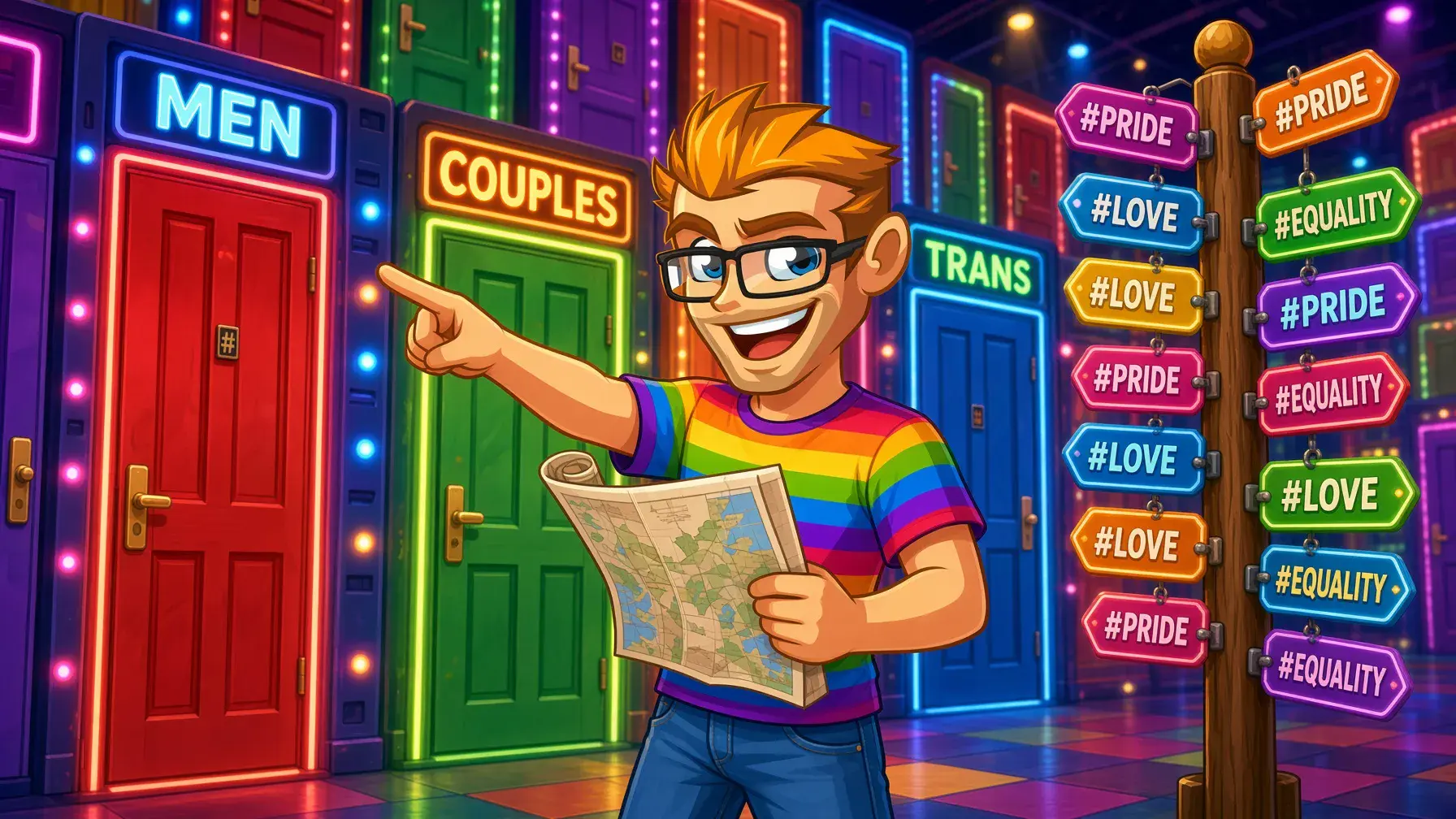 How the Chaturbate gay section is organized, illustrated by the MyGaySites mascot