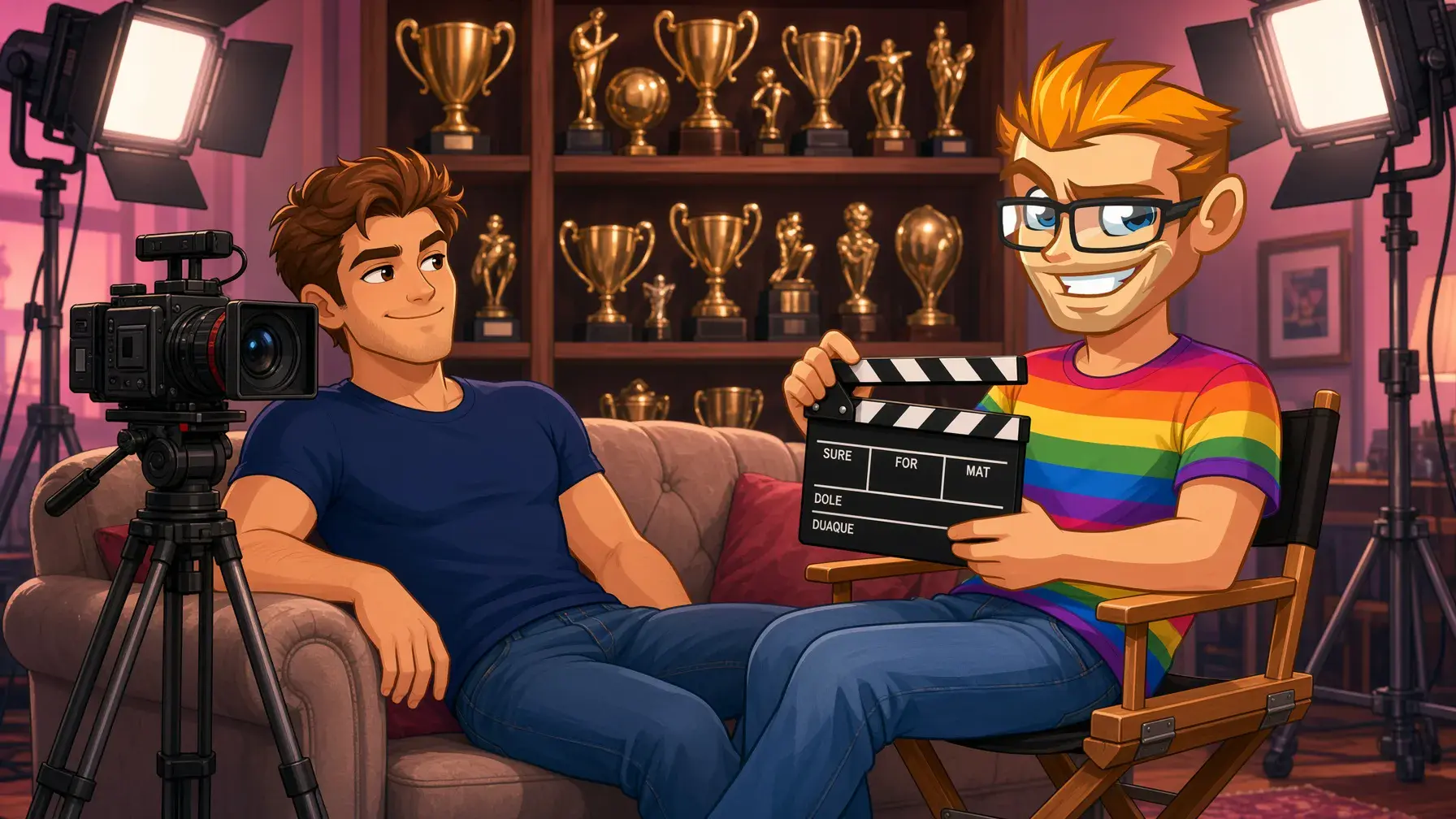 CockyBoys gay porn model application illustrated by the MyGaySites mascot as a film director