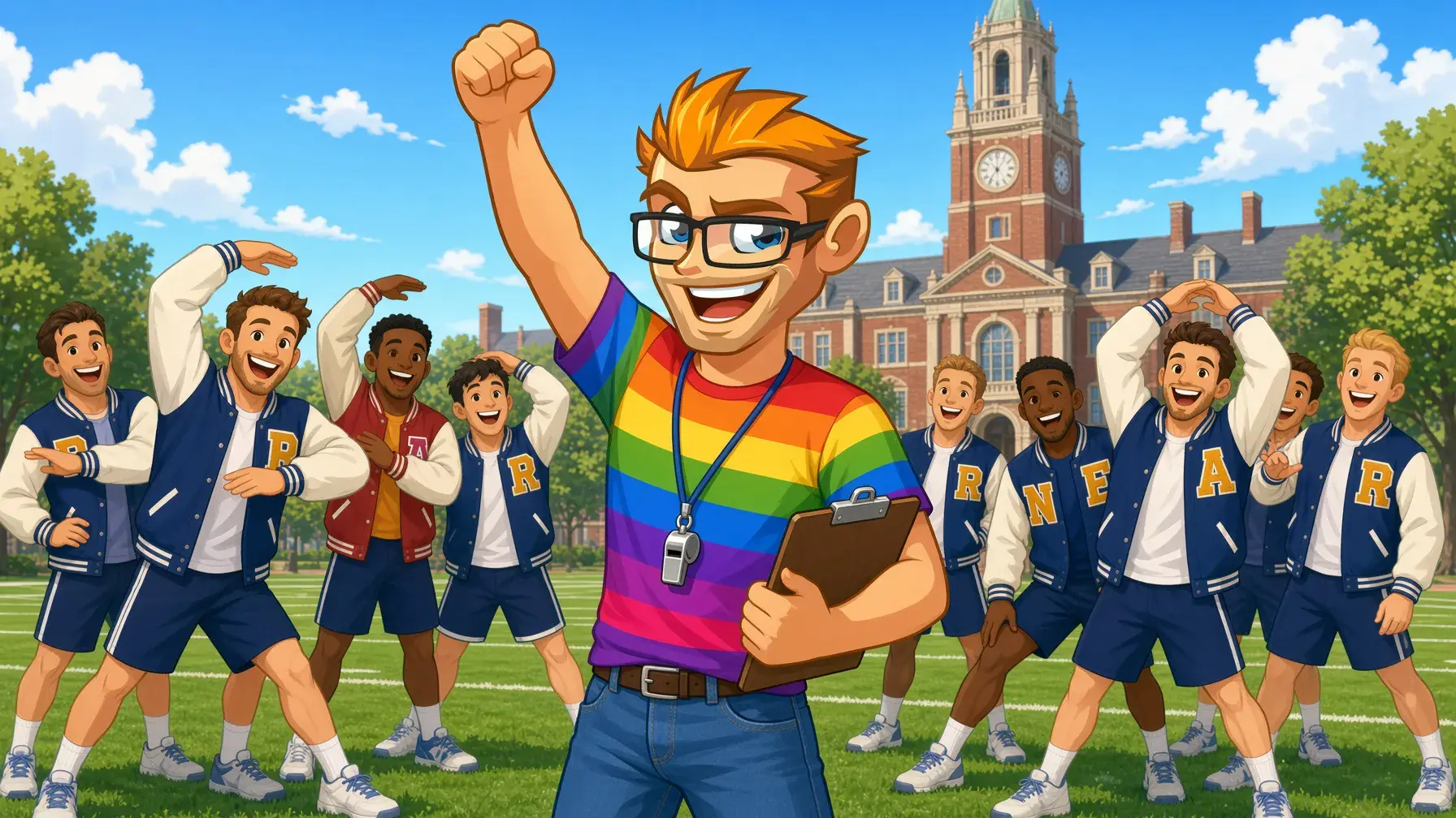 Corbin Fisher gay porn casting illustrated by the MyGaySites mascot coaching college guys