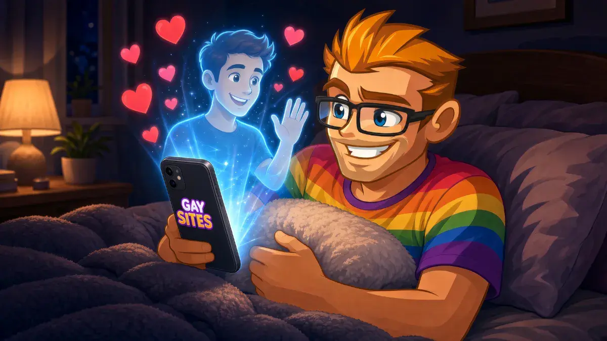 MyGaySites mascot chatting with a hologram AI boyfriend for CrushOn.AI