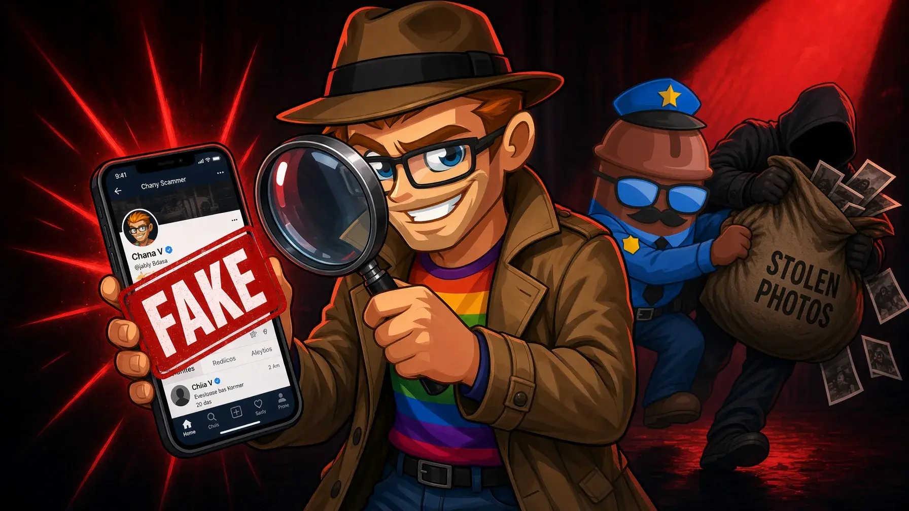 How to spot fake gay OnlyFans accounts and scams, illustrated by the MyGaySites mascot