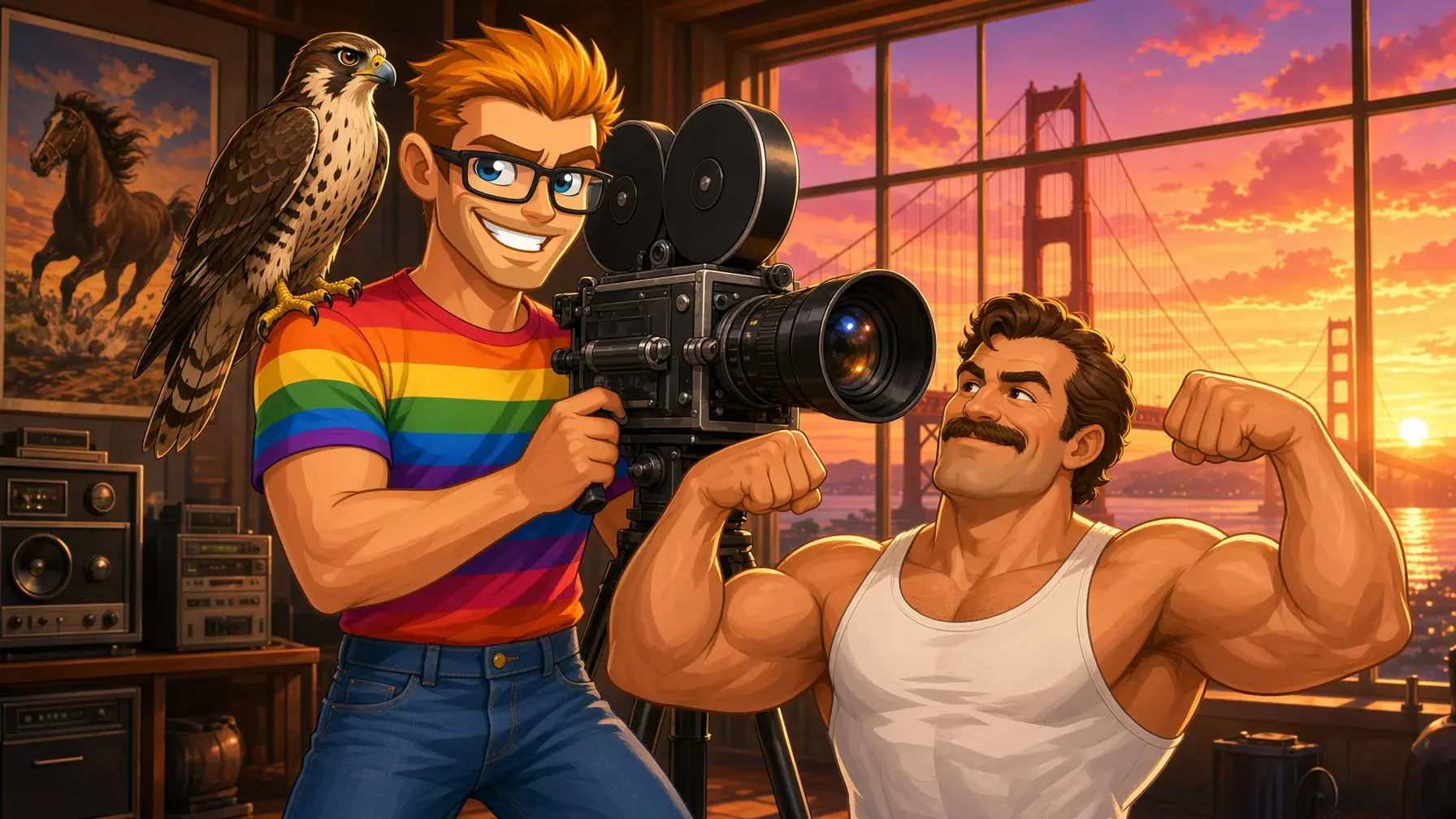 Falcon NakedSword gay porn casting illustrated by the MyGaySites mascot filming a gym hunk