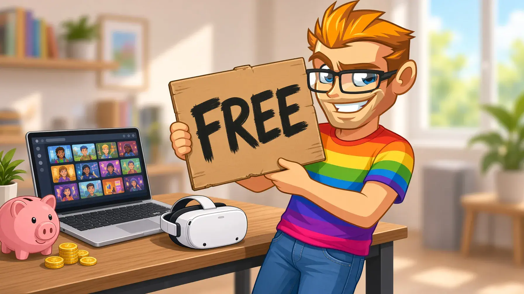 Free gay VR porn illustrated by the MyGaySites mascot with a FREE sign
