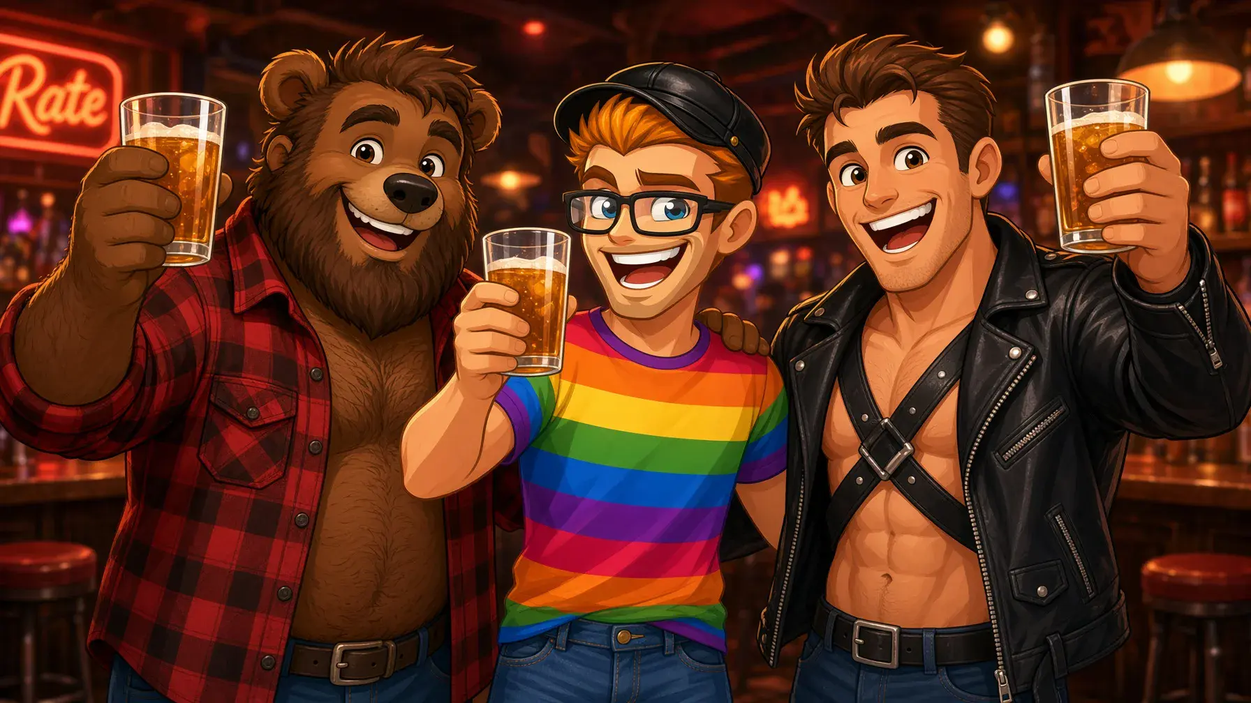 Daddy, bear and leather gay OnlyFans creators illustrated by the MyGaySites mascot