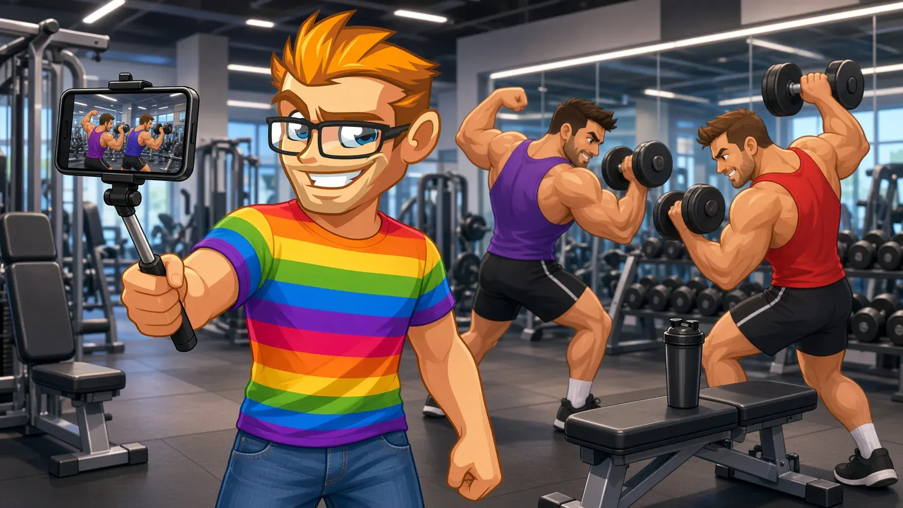 Muscle and jock gay OnlyFans creators illustrated by the MyGaySites mascot