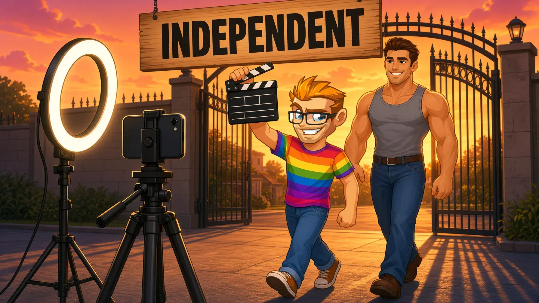 Gay OnlyFans studio stars who went independent, illustrated by the MyGaySites mascot