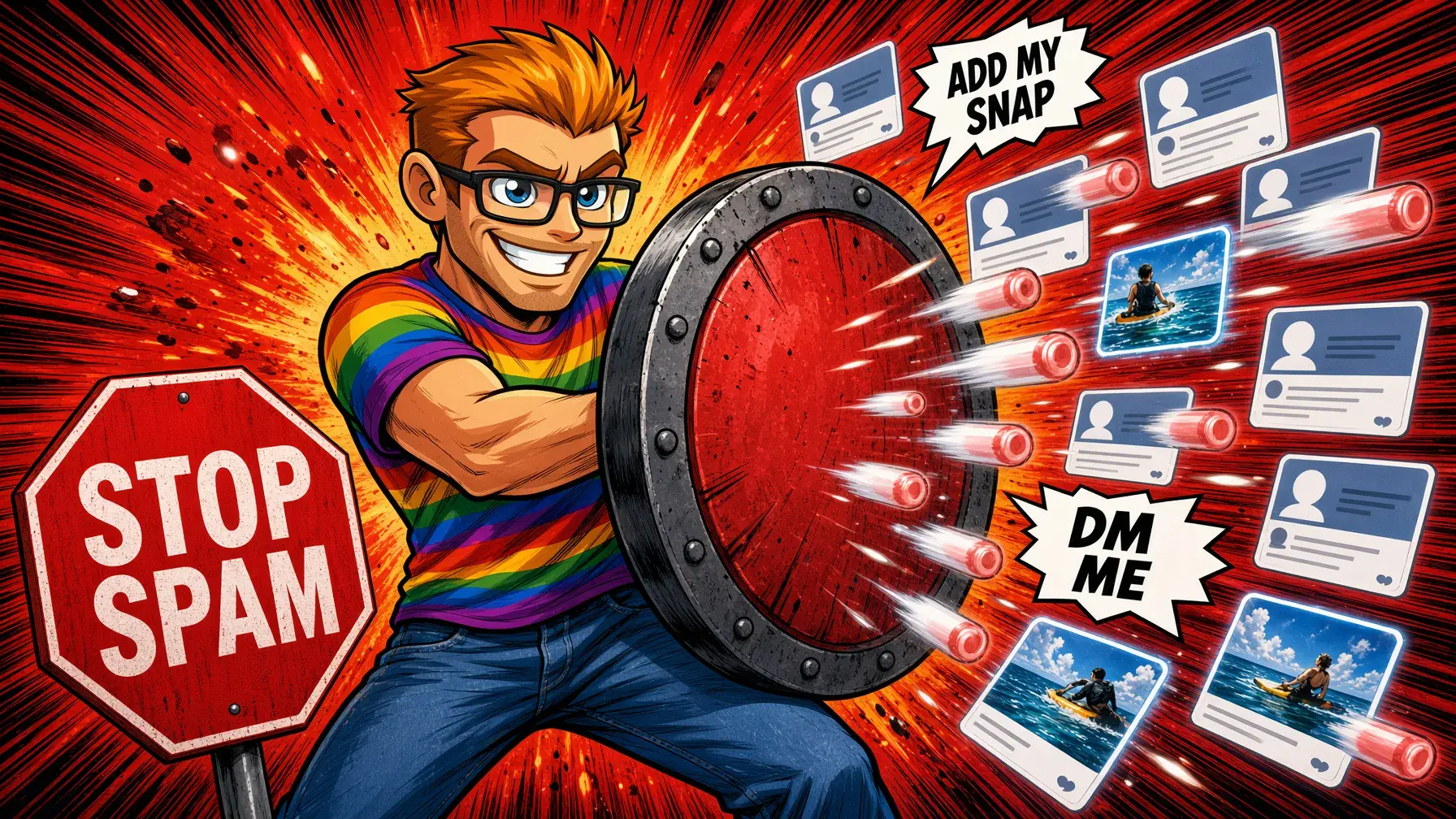 Spotting OnlyFans spam and fake accounts on gay porn subreddits, illustrated by the MyGaySites mascot