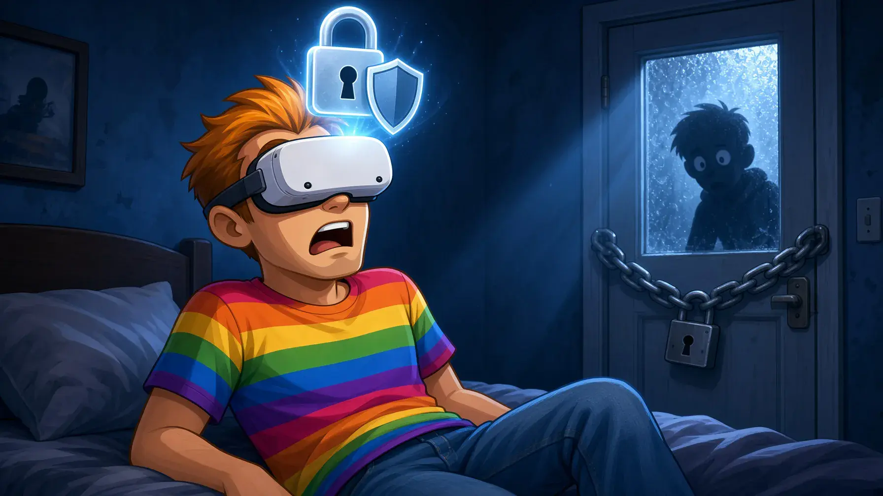 Gay VR porn privacy tips illustrated by the MyGaySites mascot