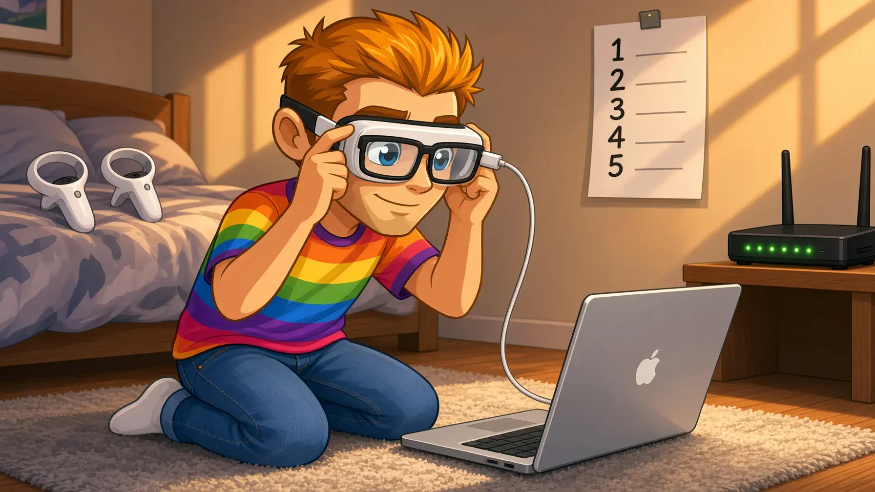 How to watch VR porn step by step: MyGaySites mascot setting up a headset