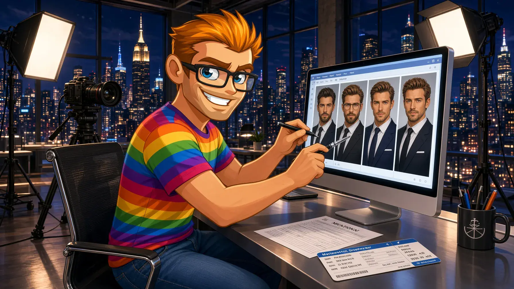 Lucas Entertainment gay porn casting illustrated by the MyGaySites mascot in a New York studio