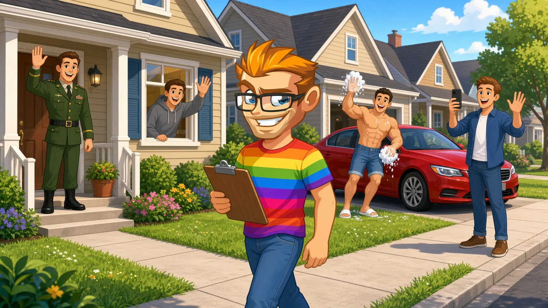 Next Door Studios gay porn casting illustrated by the MyGaySites mascot scouting guys next door
