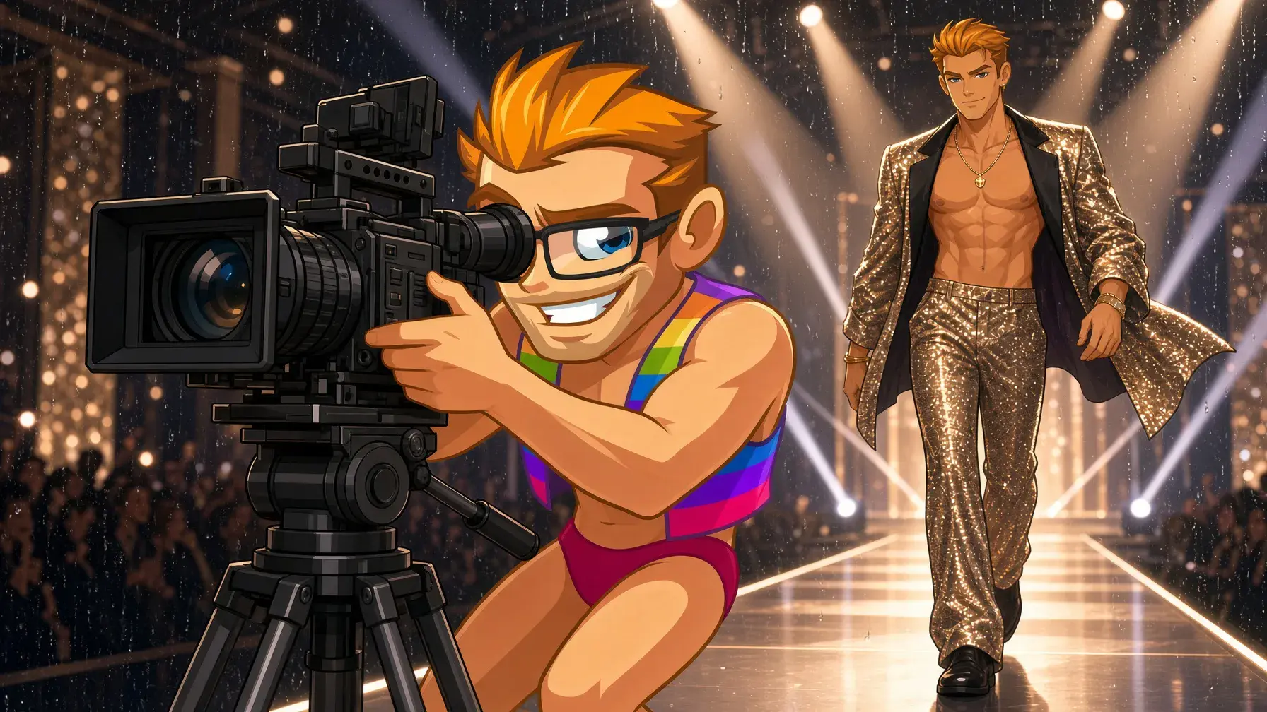 MyGaySites mascot filming a runway show for Runway AI video