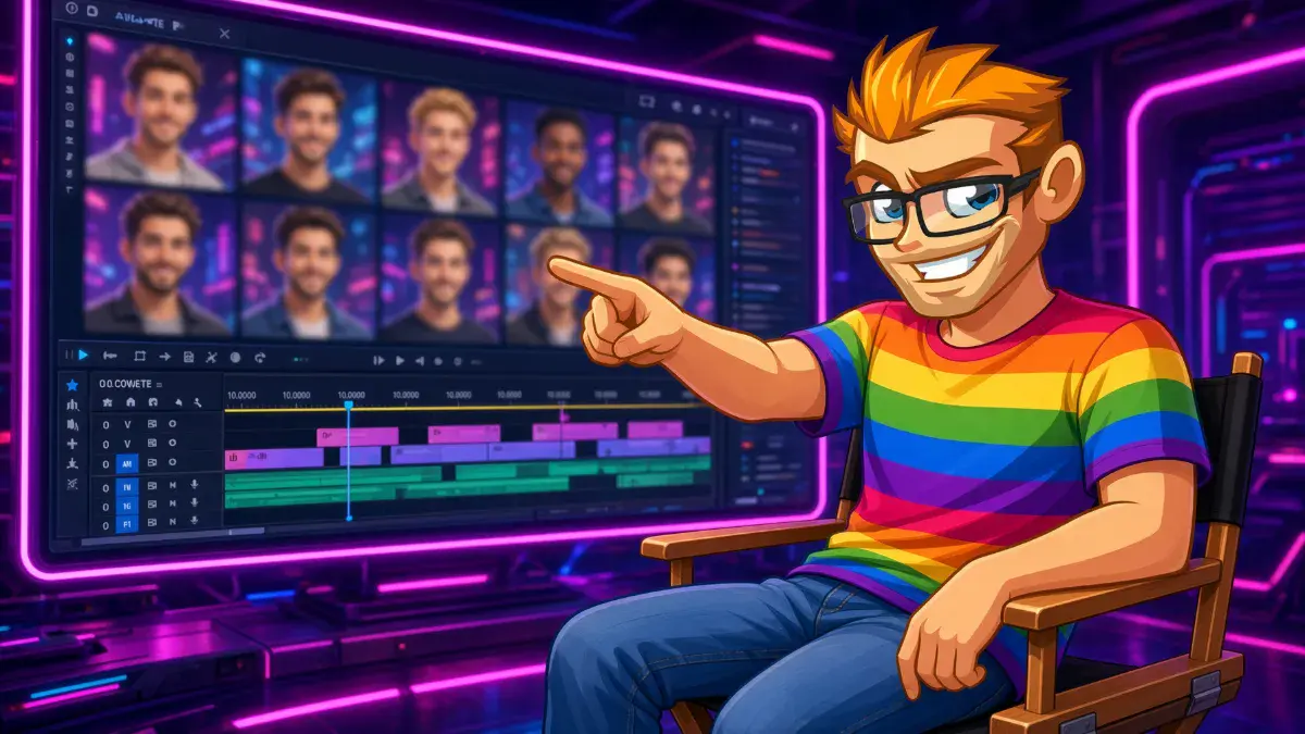 Seduced gay AI porn generator illustrated by the MyGaySites mascot