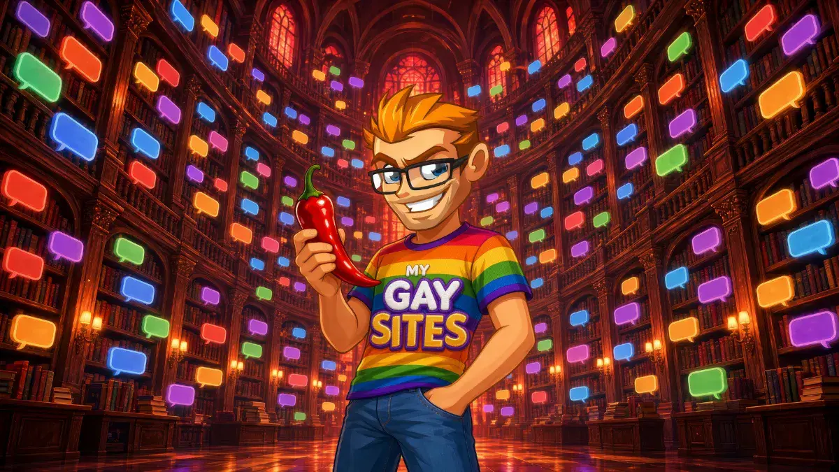 MyGaySites mascot in a library of glowing chat bubbles for SpicyChat.AI