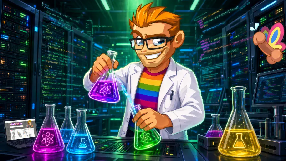 MyGaySites mascot as a scientist mixing AI models for TensorHub