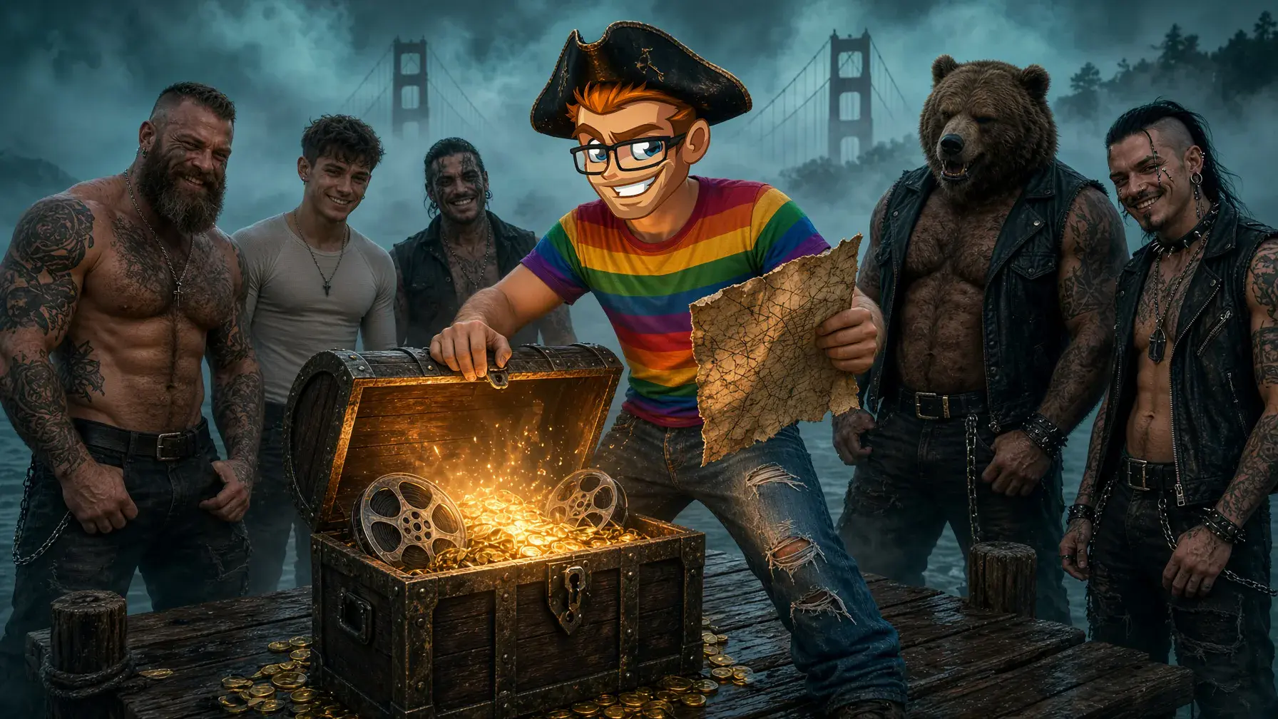 Treasure Island Media gay porn casting illustrated by the MyGaySites mascot as a pirate captain