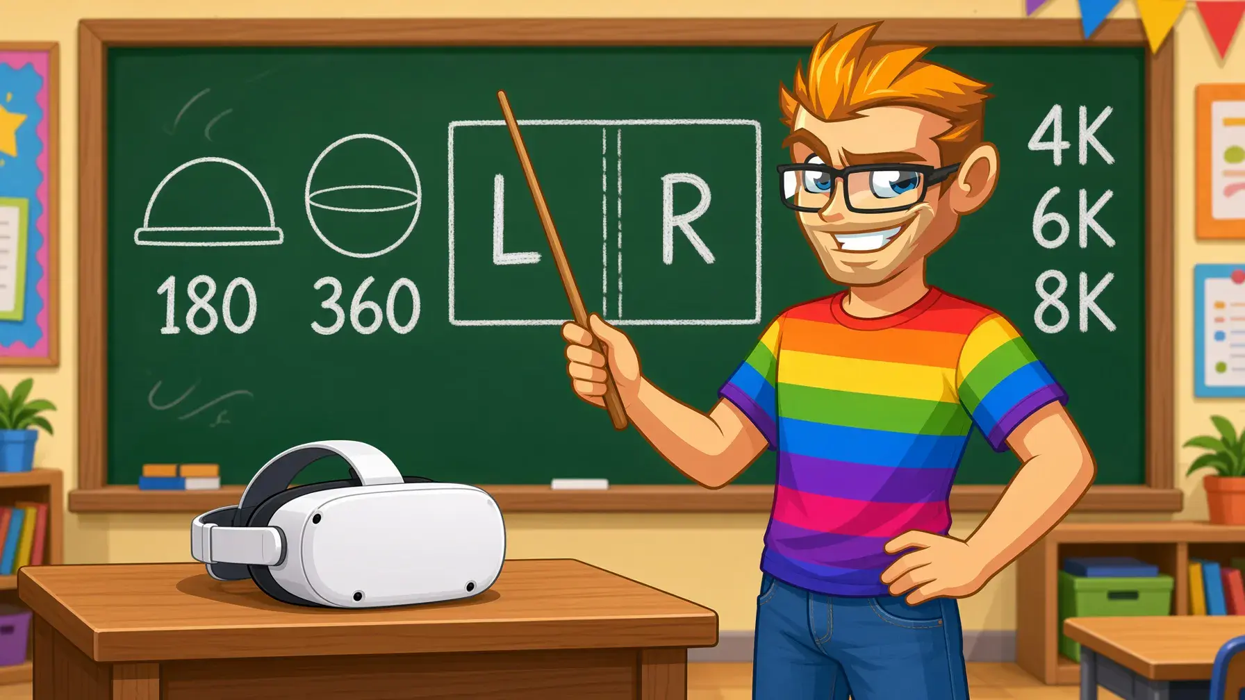 VR porn video formats 180, 360 and SBS explained by the MyGaySites mascot