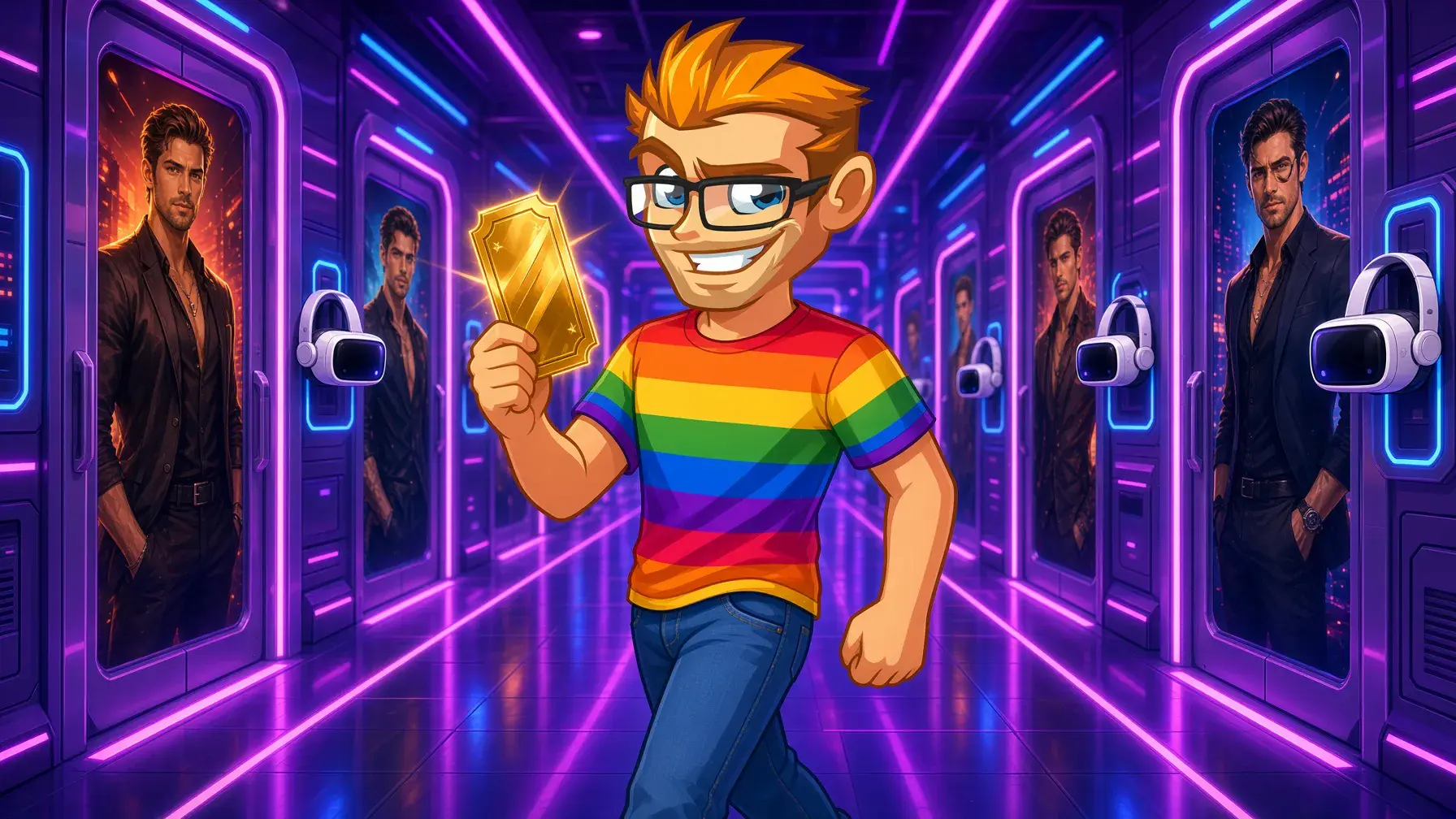 Where to find gay VR porn: MyGaySites mascot in a VR cinema hallway